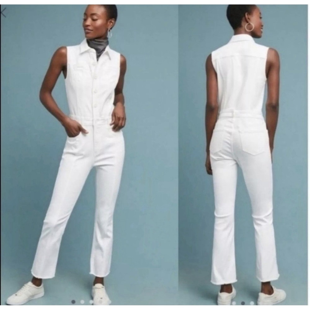New! Pilcro by Anthropologie‎ White Denim Letterpress Jumpsuit. Size 12